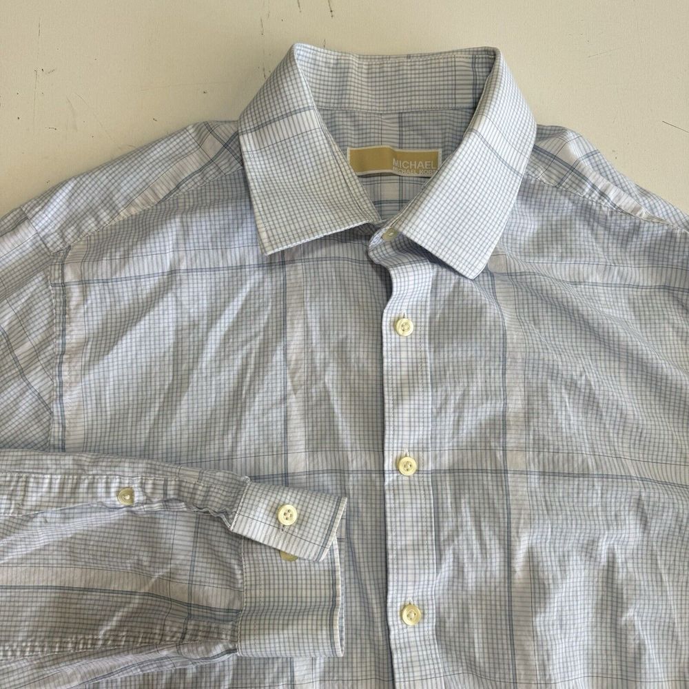 Michael Kors Mens 16 1/2 Shirt Blue Button-Up Slim Fit Plaid Long Sleeves